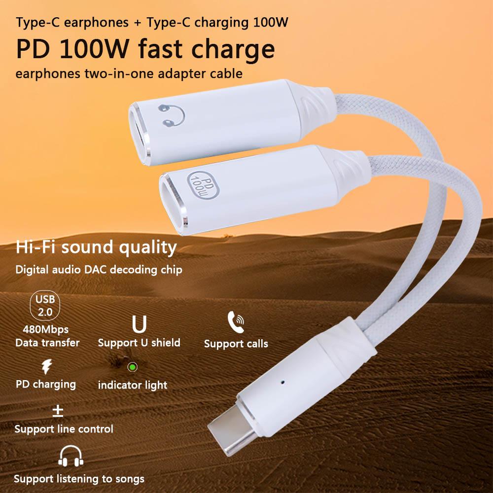 PD 100W Type C Splitter Audio Cable 2 In 1 Design 2-in-1 Headphone Adapter Cable Headphone Use