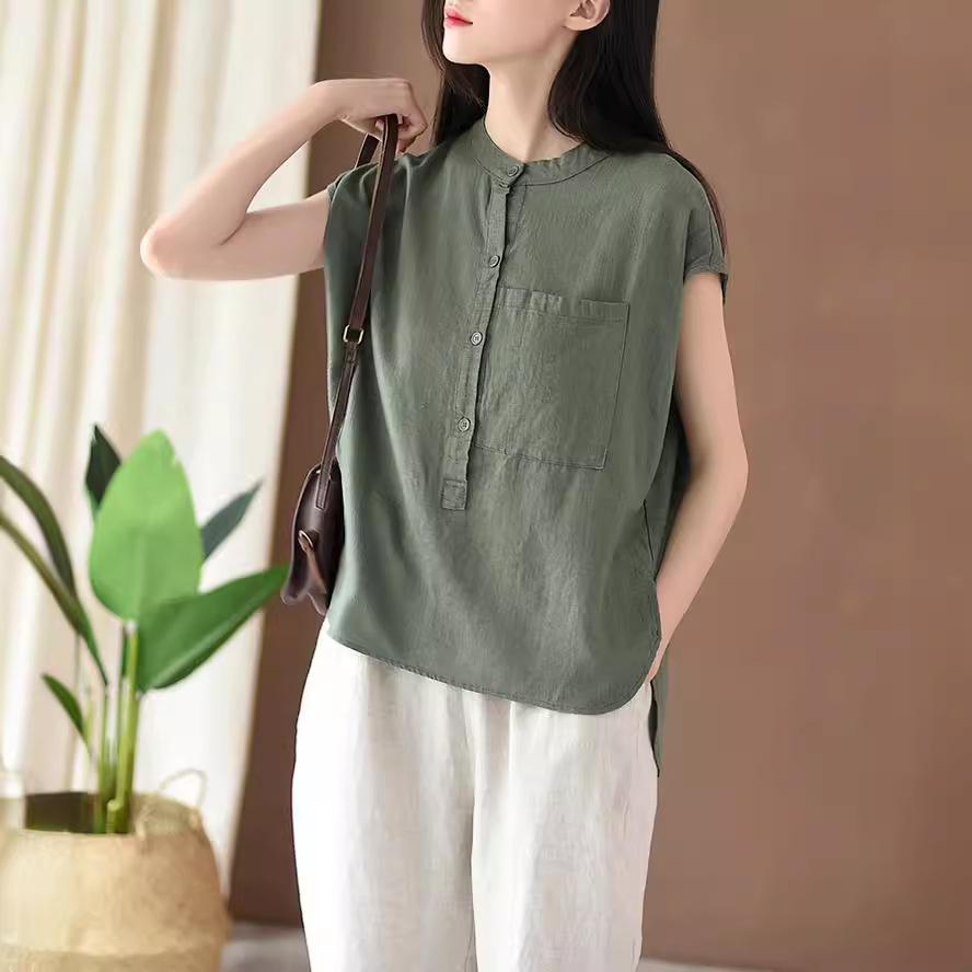 Summer Cotton  Linen Women's Artistic Loose Collar Linen Women's Short Sleeved Shirt T Shirt