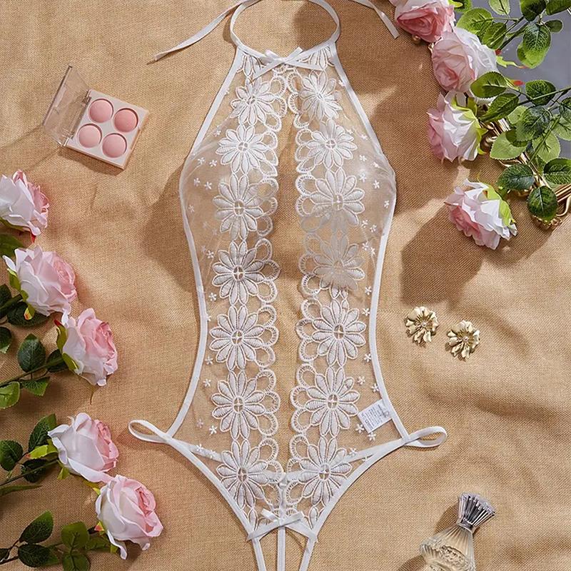 Porn White Lace One-piece Transparent Crotchless Sexy Deep V Hollow Out Lingerie Women Bodysuit Exotic Pajamas Erotic Costumes