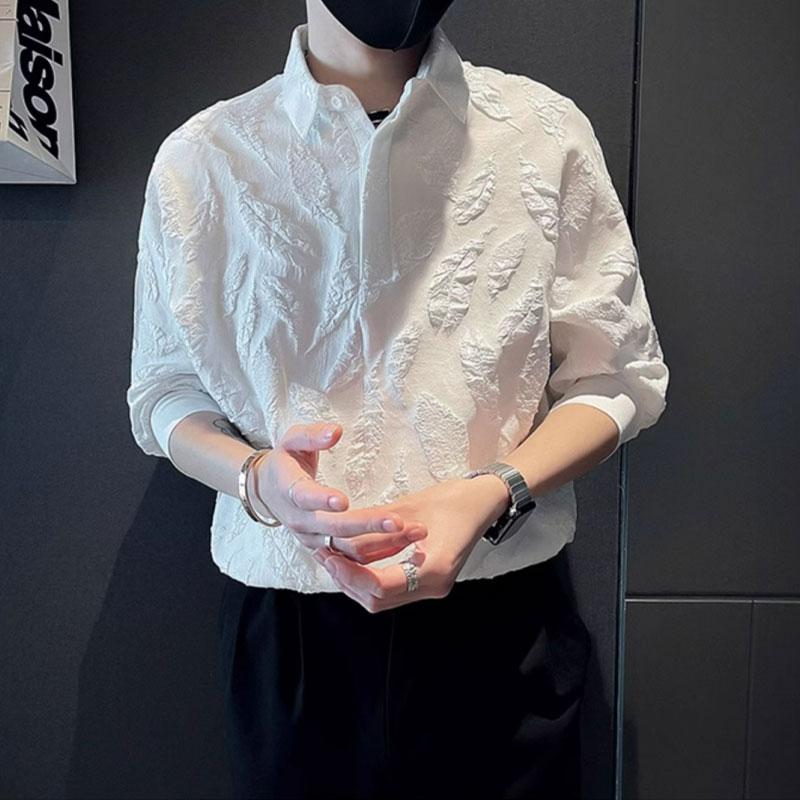 Stylish Jacquard Weave Basic Shirts Men's Clothing Solid Color Summer Business Casual 3/4 Sleeve Loose Turn-down Collar Shirts