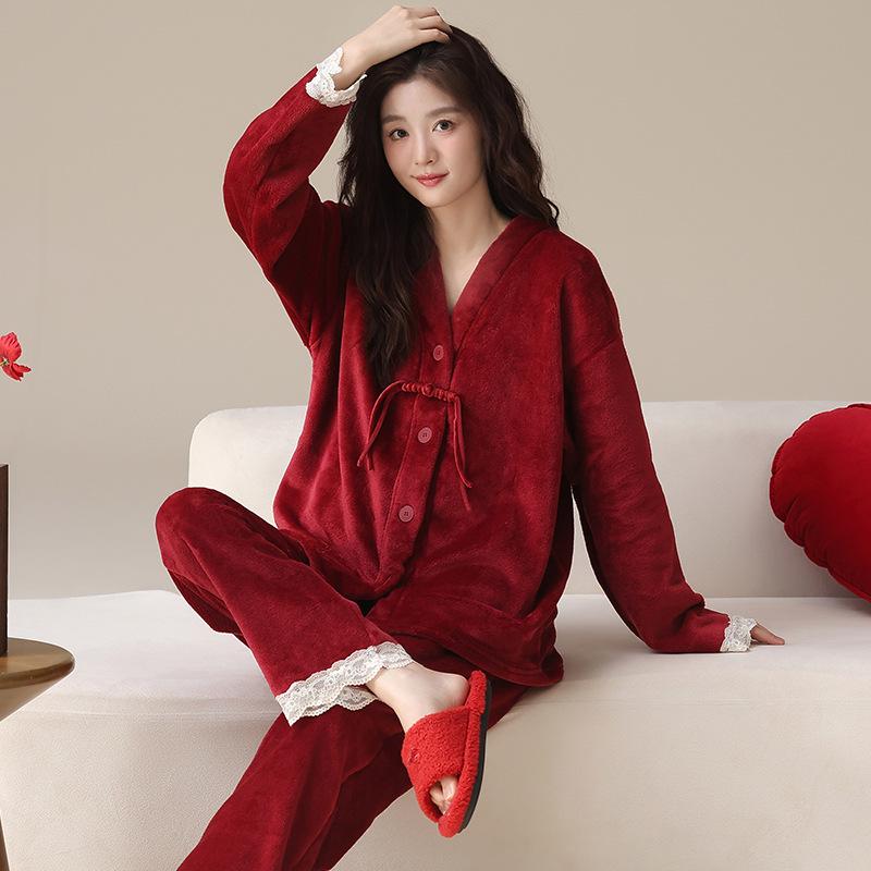 Pajamas wedding newlywed couple set winter coral fleece fleece thickened new Chinese red loungewear set