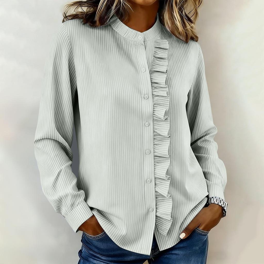 Women's Fashion Loose-Fit Lace-Trim Pleated Stand Collar Shirt Striped Top
