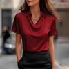 Damen Sommer Weiß Satin Schalkragen Kurzarm Bluse