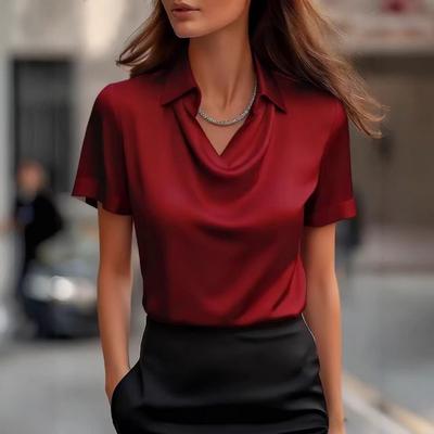 Damen Sommer Weiß Satin Schalkragen Kurzarm Bluse
