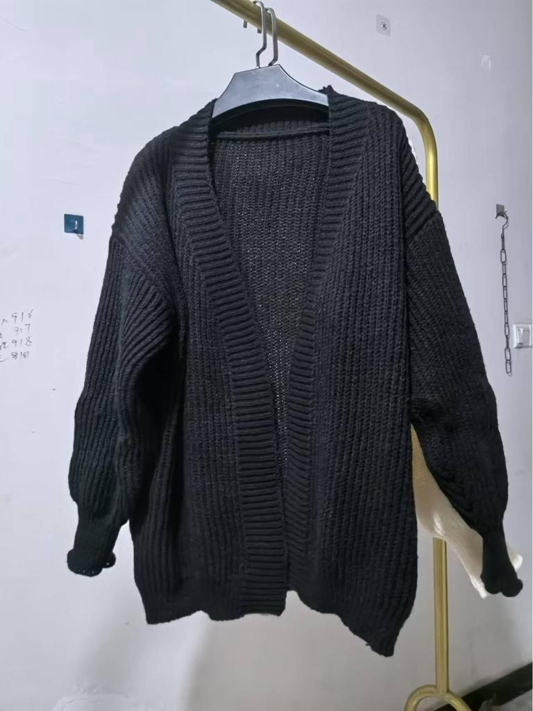 Cardigan Tricot Décontracté Mi-Long pour Femme - Automne & Hiver Couleur Unie, Coupe Ample, Pull Polyvalent Point Mousse