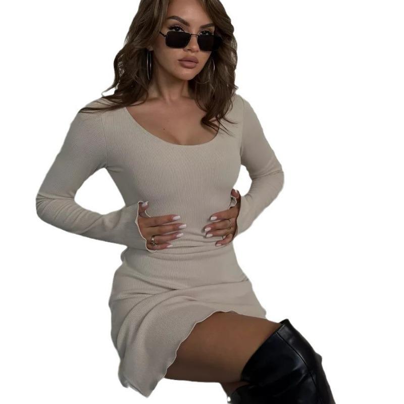 New Fashion Long Sleeve Hip-wrapped Lace-up Dress Crew Neck Slim Fit A-line Party Short Dresses Elegant Solid Color Casual Simple Sexy Clothing