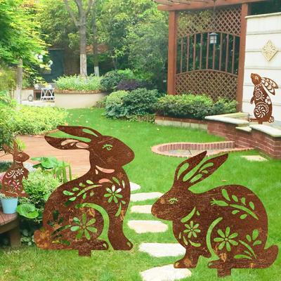 Rustikaler Gartenstecker aus Metall mit Kaninchen-Motiv, rostiges Finish, perfekt als Dekoration für den Außenbereich, Hinterhof, Terrasse, Bauernhof