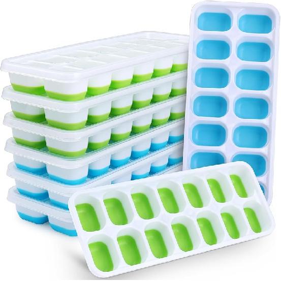 Silicone Ice Cube Tray, 8 Pack Easy-Release & Flexible 14-Ice Cube Trays with Spill-Resistant Removable Lid, Stackable Ice Trays with Covers for 4 Blue + 4 Green