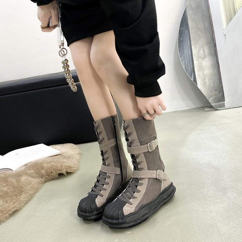 Fashion Outdoor Roman Style Women's Flat-bottomed Boots Winter Retro Style Suede Canvas Stitching Fashion Zipper Design Fashion Boots