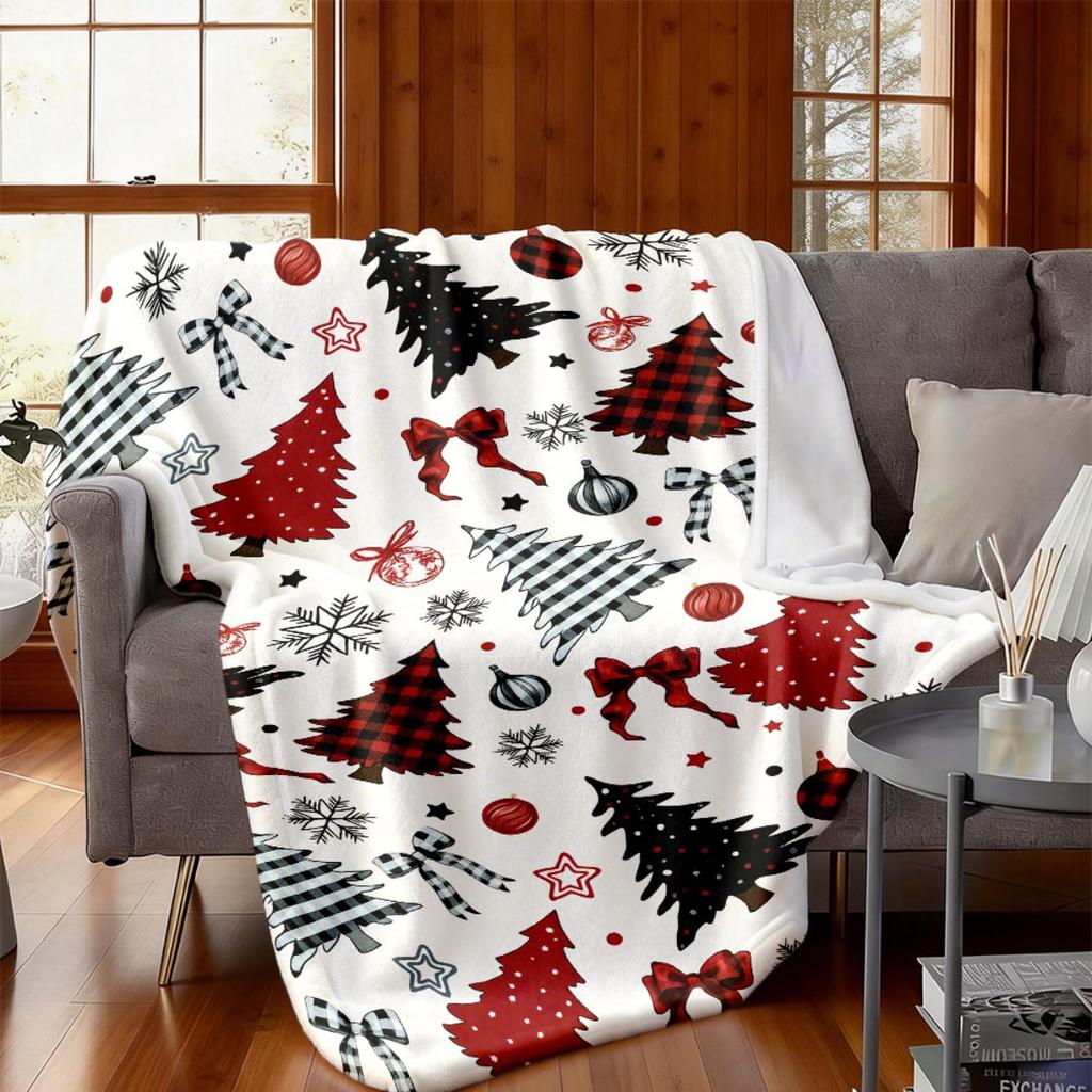 Plaid Christmas Tree Bow Flannel Throw Blanket, Xmas Tree Ornament Print Soft Warm Blanket for Sofa Bed Winter Holiday Home Decor Gift