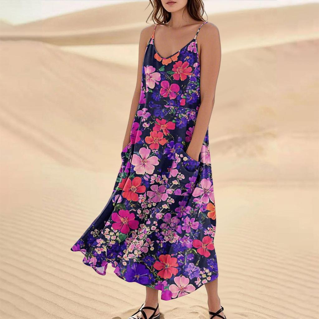 Women's Fashion Casual Floral Print Sleeveless Pocket Long Beach Dress