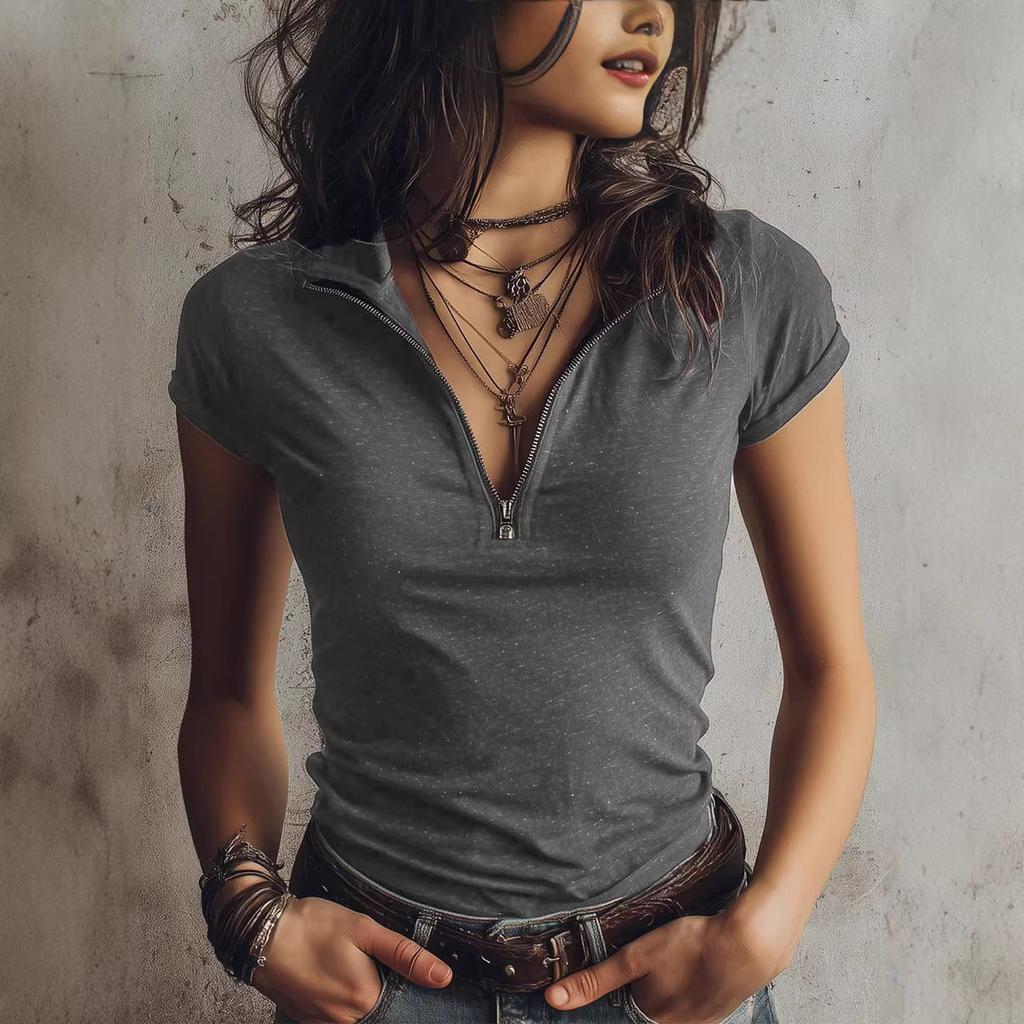 Women Slim Fit Half Zip Short Sleeve Top Casual Solid Color Tee