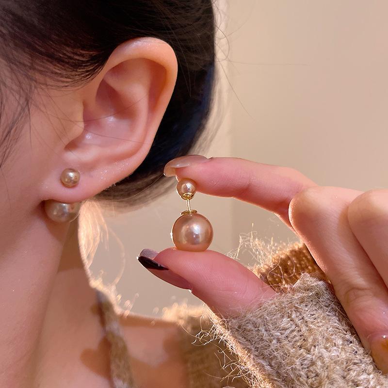 Front and rear two wearing champagne gold pearl stud earrings for women s autumn and winter delicate earrings