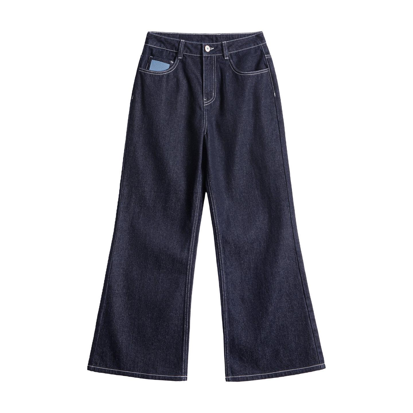 

Women s American Retro Indigo Wide-Leg Straight Jeans - Slimming, Casual, Long Pants for Spring Small джинсовый синий