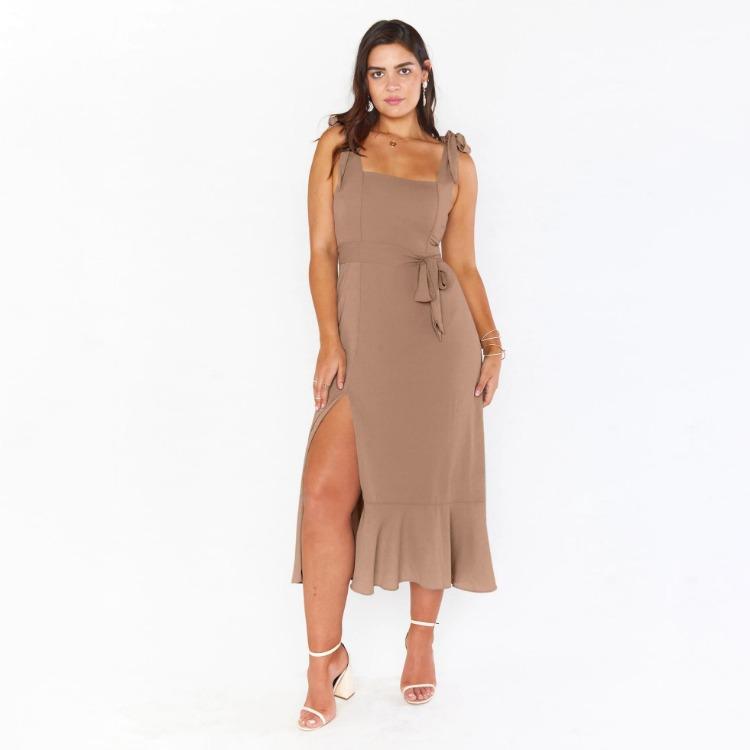 Women Summer Casual Sleeveless Spaghetti Strap A-Line Dress High Waist Long Split Solid Color Dresses