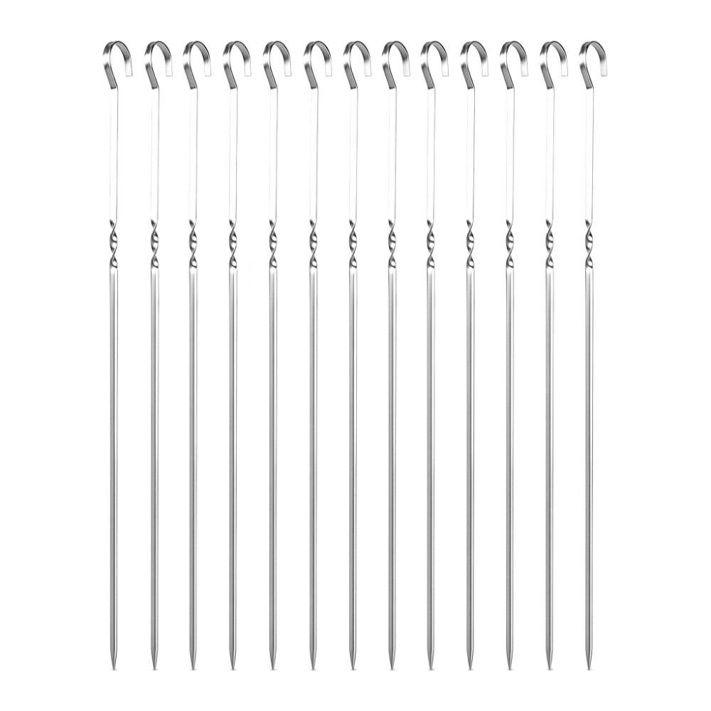 12PCS Hooked Handle BBQ Skewers Flat Blade Grill Skewers Heat Resistant Kabob Sticks Grilling Meat
