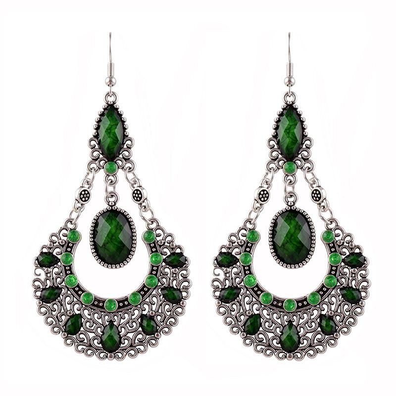 Vintage Palace Style Rhinestone Water Drop Earrings for Women Temperament Hollow Carved Silver Color Metal Earring Femme Jewelry