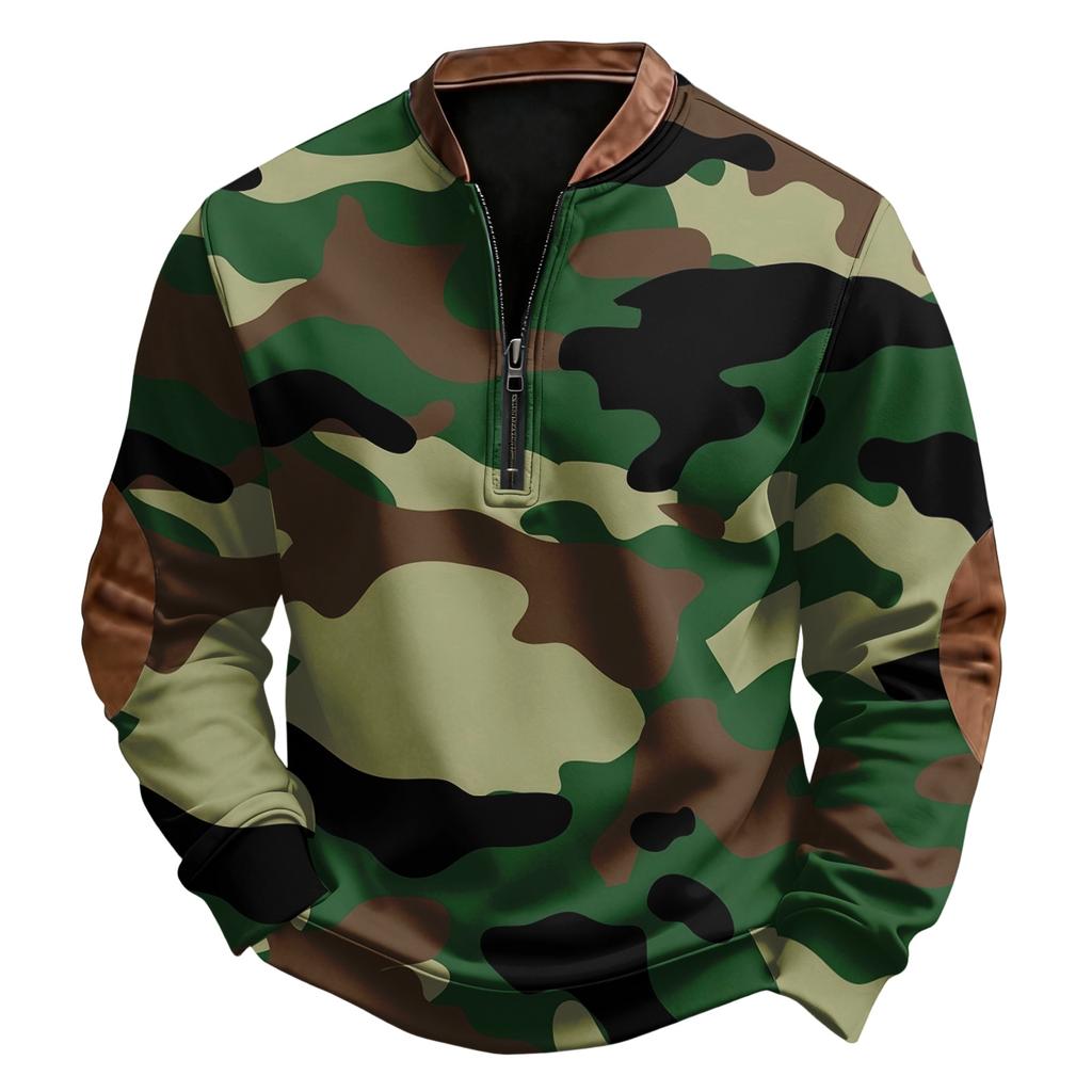 Men's Casual, Trendy, Retro American Camouflage Printed Round-neck Long-sleeved Half-pull One-piece Sweatshirt