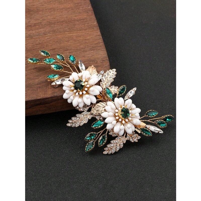 

1pc Handmade Gold Alloy & Pearl Flower Bridal Hair Clip, Wedding Party Hair Accessory one-size зелёный