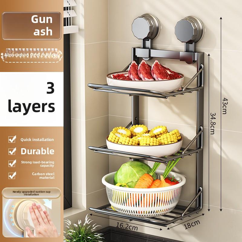 

Новая кухонная стойка для приготовления пищи на присосках, многослойная, не протыкаемая, настенная стойка для хранения артефактов, оптовая продажа Gun gray, three layers