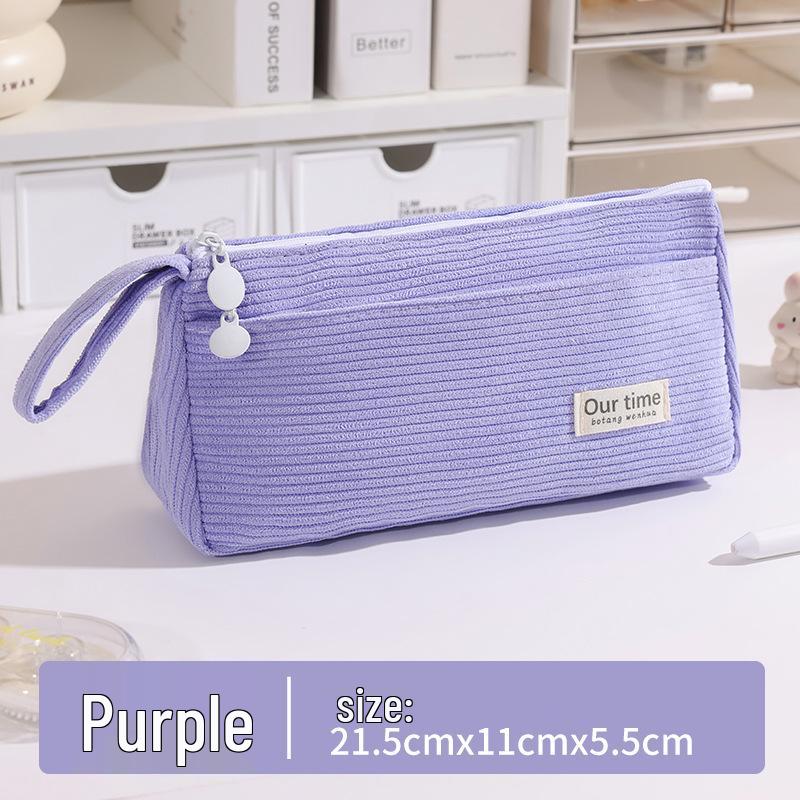 Stylish Korean Corduroy Pencil Case - Large Capacity, Solid Color for Junior High Students