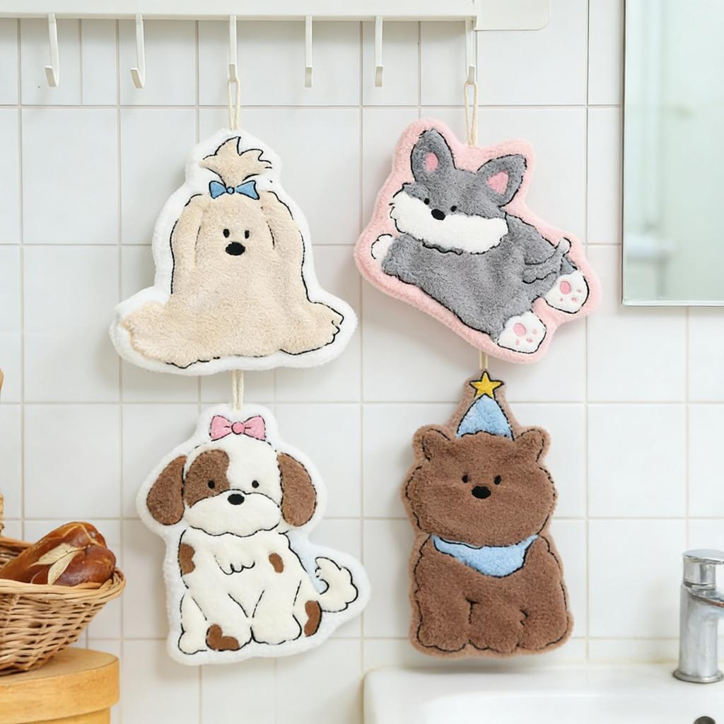 Cute Coral Fleece Towel Soft Skin Friendly Absorbent Cartoon Dog Hand Towel Kitchen and Bathroom Dual-use Small Towel