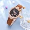 Yousheng 1 Set Women Watch Necklace Bracelet Ring Ear Studs Rhinestone Butterflies Round Faux Leather Strap Ladies Dress Wrist Watch Fashion Jewelry