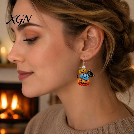 Fun Autumn Seasonal Jewelry 1 Pair Halloween Drop Dangle Earrings for Women, Acrylic Pumpkin Hypoallergenic Sensitive Ears Black Cat Earrings, Holiday