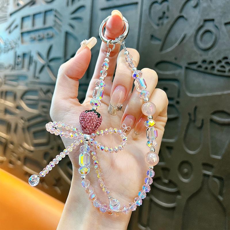 Flash Beaded Mobile Phone Chain Crystal Bow Key Bag Lanyard Pearl Mobile Phone Lanyard Small Gift