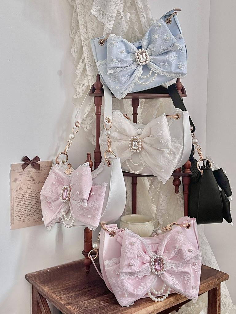 Women Pearl Chain Princess Underarm Bag With Bow And Rhinestone Lolita Shoulder Crossbody Sweet Fashion Daily Handbag