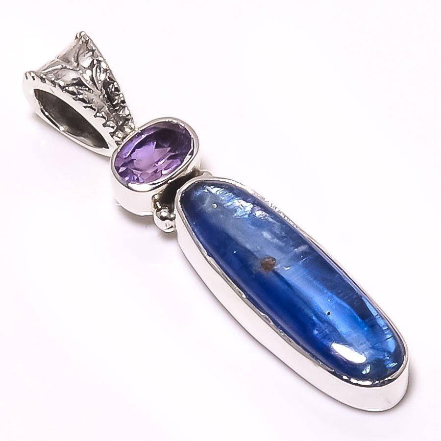 Natural Kyanite, Amethyst Gemstone 925 Solid Sterling Silver Pendant 1.26" z1T84