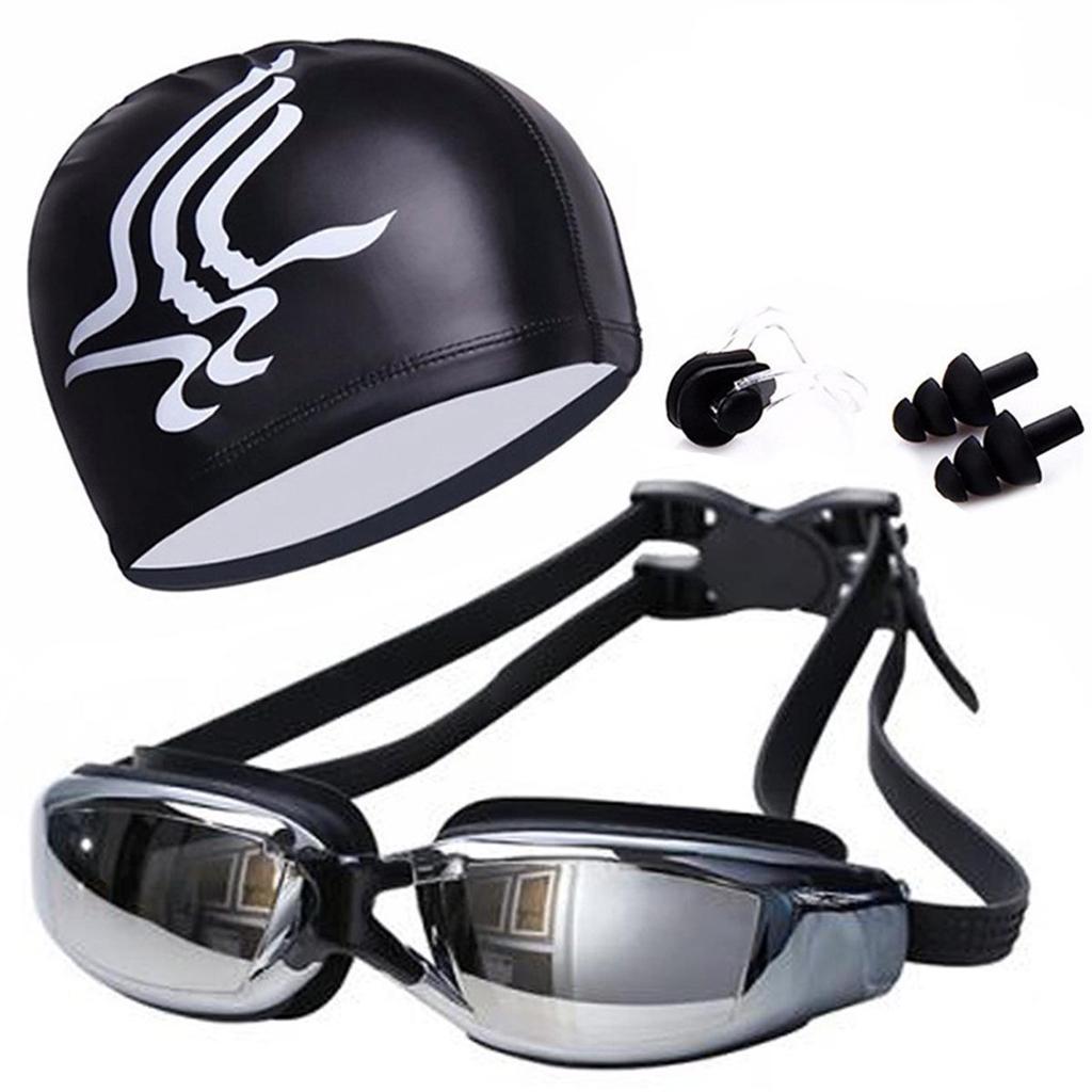 Shenyu Anti-Fog HD Swim Goggles Set: Includes Electroplated Goggles, Silicone Nose Clip, Earplugs, and PU Swim Cap.