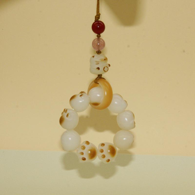 White Bodhi Cute Cat Paw Charcoal Phone Charm - Women's Lucky Cat Lanyard & Ring Pendant