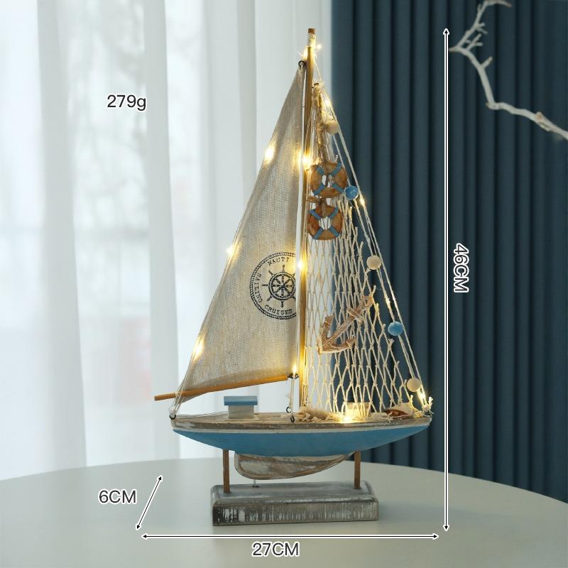 LED Wooden Sailboat Model, Nautical Mediterranean Style Home Decor, Coastal Sea Theme Tabletop Boat Ornament, Sailing Ship Gift