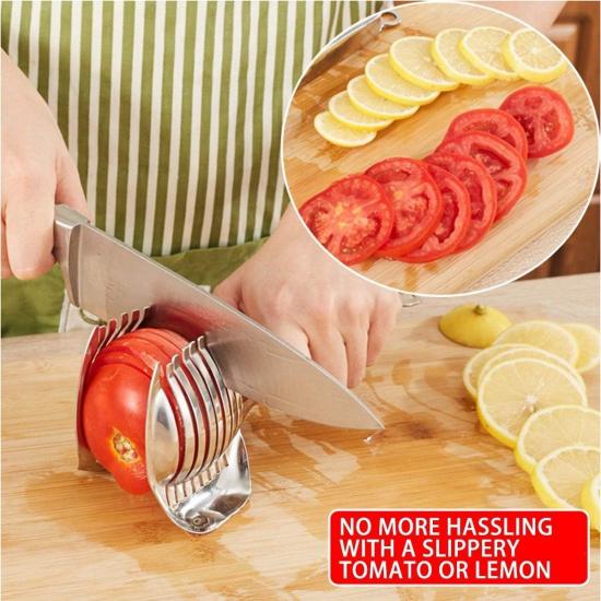 KAYCROWN Tomato Slicer Lemon Cutter Multipurpose Handheld Round Fruit Tongs Stainless Steel Onion Holder Easy Slicing Kiwi Fruits & Vegetable Tools