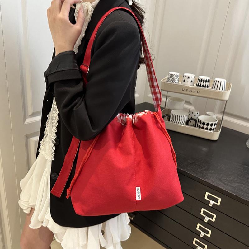 Vintage Drawstring Bucket Bag Simple Style Canvas Crossbody Bag Large Capacity Tote Handbag For Women Travel CLE