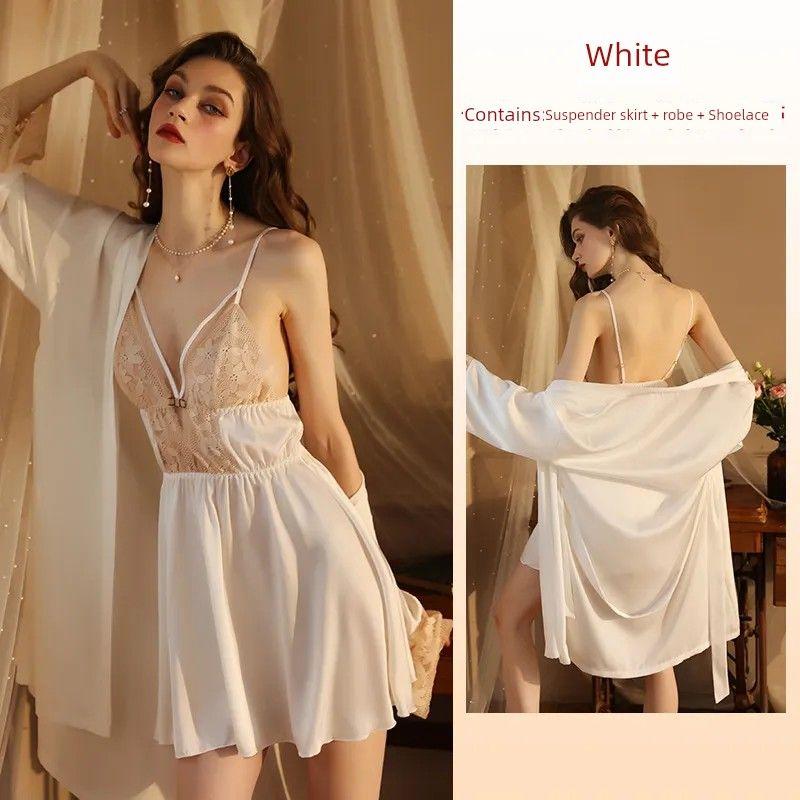 

Sexy Exquisite Spring and Autumn Pajamas Two-piece Set (Deep V-neck Hollow-out Lace Slip Nightdress + Silky Nightgown) Homewear White L