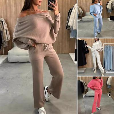 2 Pcs/Set Women Top Pants Set Off Shoulder Long Bat Sleeves Sweatshirt Elastic Waist Flared Sweatpants Sport Outfit Autumn Casual Tracksuit