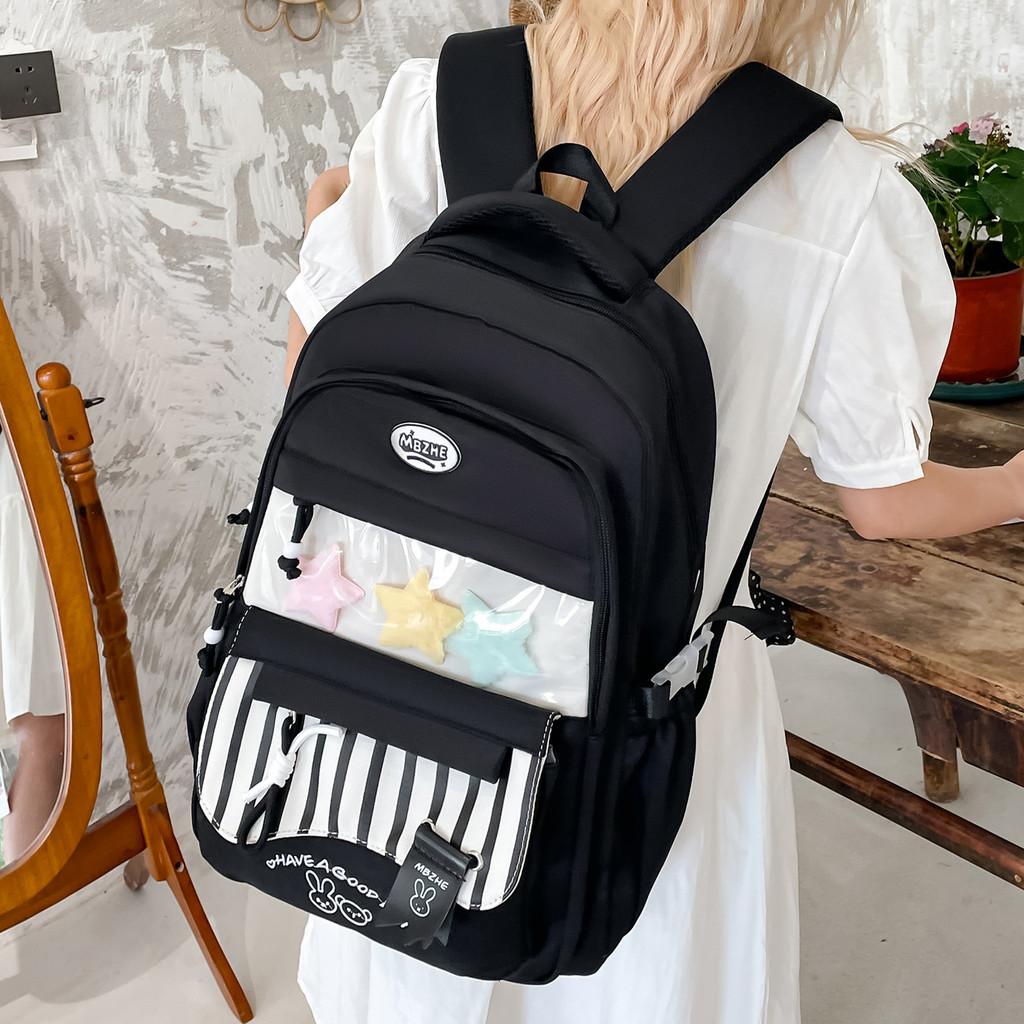 Cute Color Blocked Striped Cartoon Embroidery Student Backpack With Star Decor For School Use
