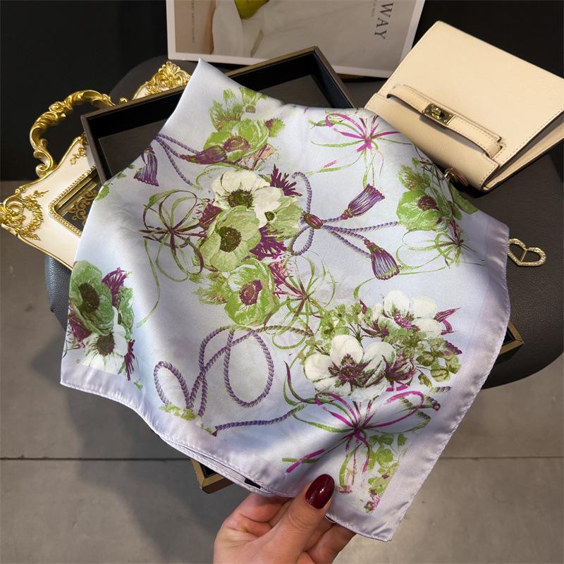 70cm Lily of The Valley Scarf Women's Spring and Summer Thin Satin Square Scarf High-end Temperament Small Scarfs Shawl
