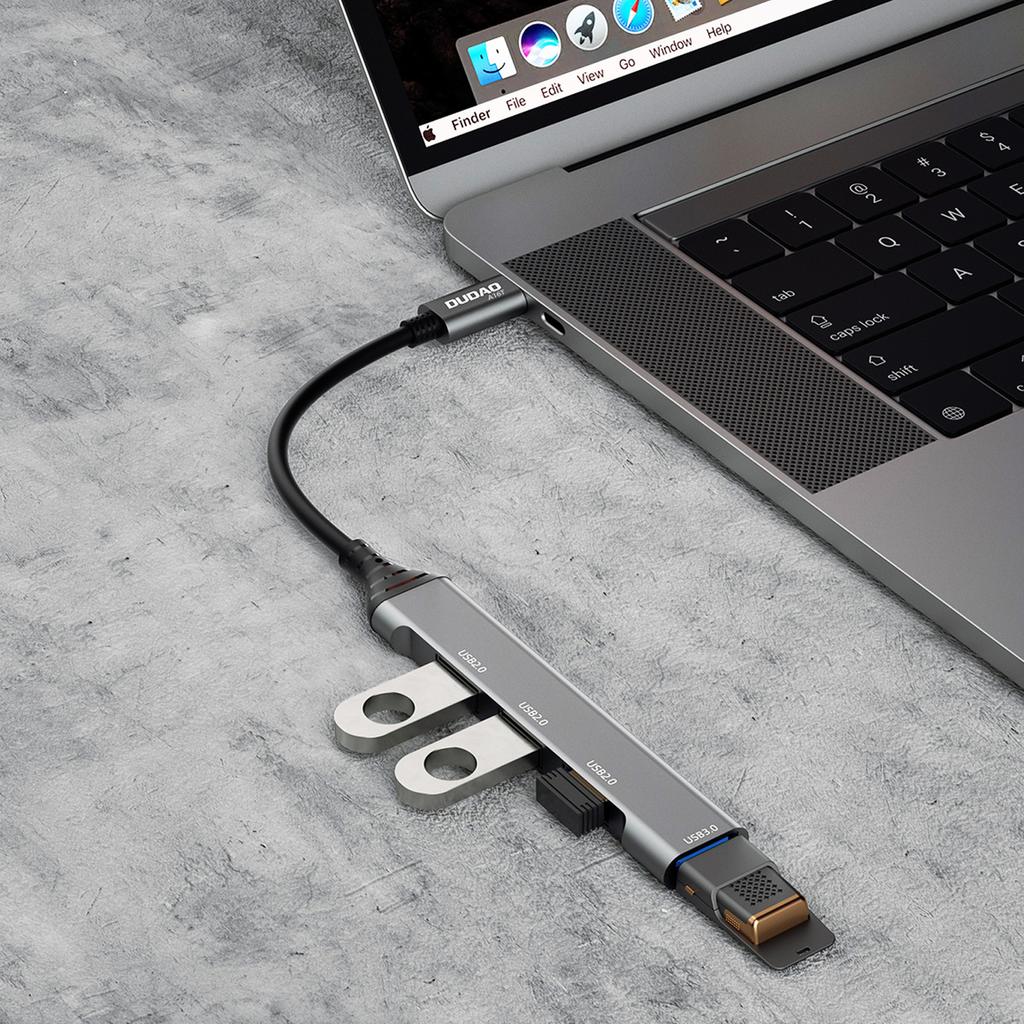 Dudao 6.3cm USB-C Hub (4-in-1) with 4x USB-A Ports (3x USB2.0 / 1x USB3.0) - Black (Model A16T)