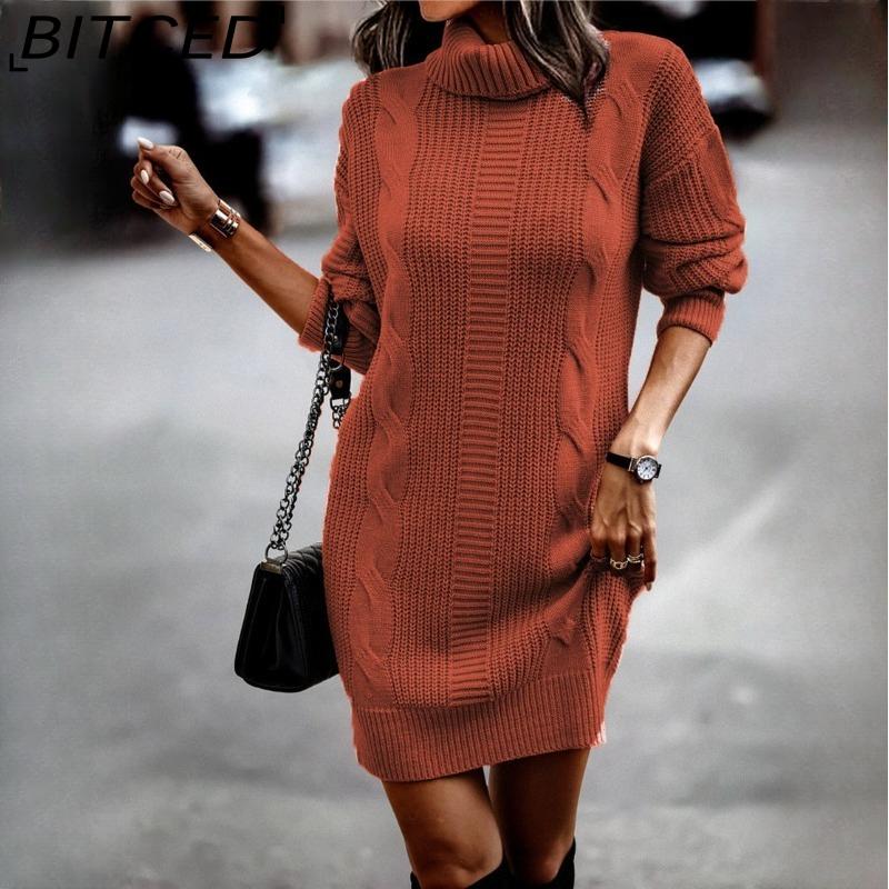 

BITCED Fall/Winter Solid Color High-Neck Long-Sleeve Bodycon Knit Dress for Women XXXL