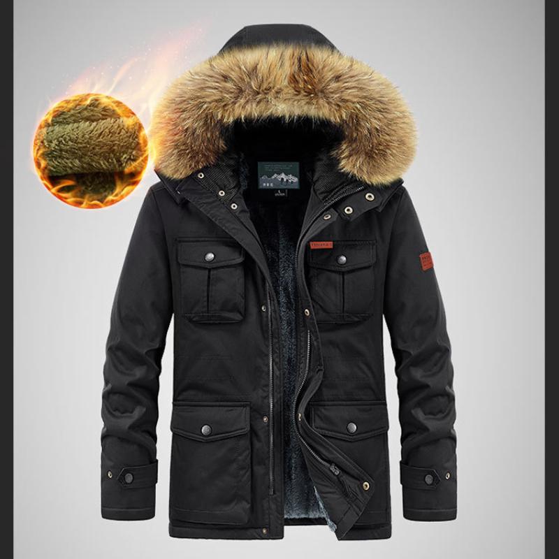 Men's Mid-Length Winter Fleece-Lined Hooded Warm Coat Youth Casual Multi-Pocket Thickened Coat