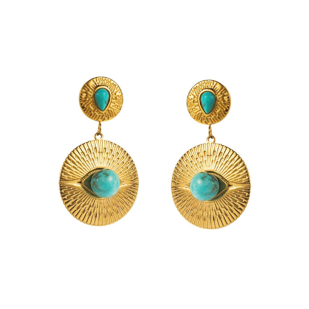Stainless Steel Geometric Turquoise Inlaid Round Earrings Elegant High Grade Personality Earrings For Women Trendy Jewelry