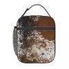 Brown White Cowhide Pattern Insulated Lunch Bag for Kids School Cooler Thermal Food Box Tote Portable Lunch Boxes Container