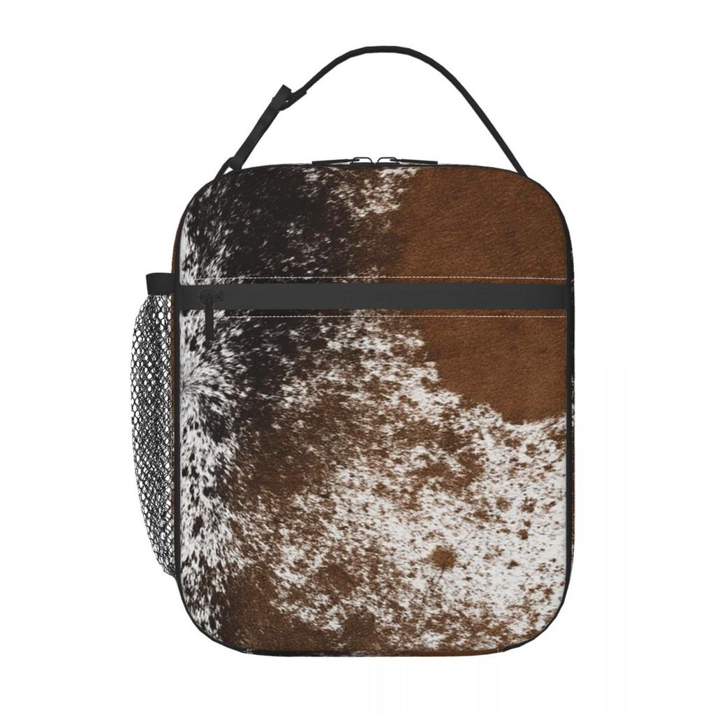 Brown White Cowhide Pattern Insulated Lunch Bag for Kids School Cooler Thermal Food Box Tote Portable Lunch Boxes Container