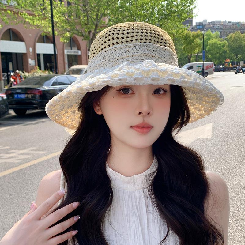 Lightweight Breathable Sunshade Cap with Lace Details Trendy Summer Accessory Hollow Out Straw Hat Wide Brim Sun Protection Hat