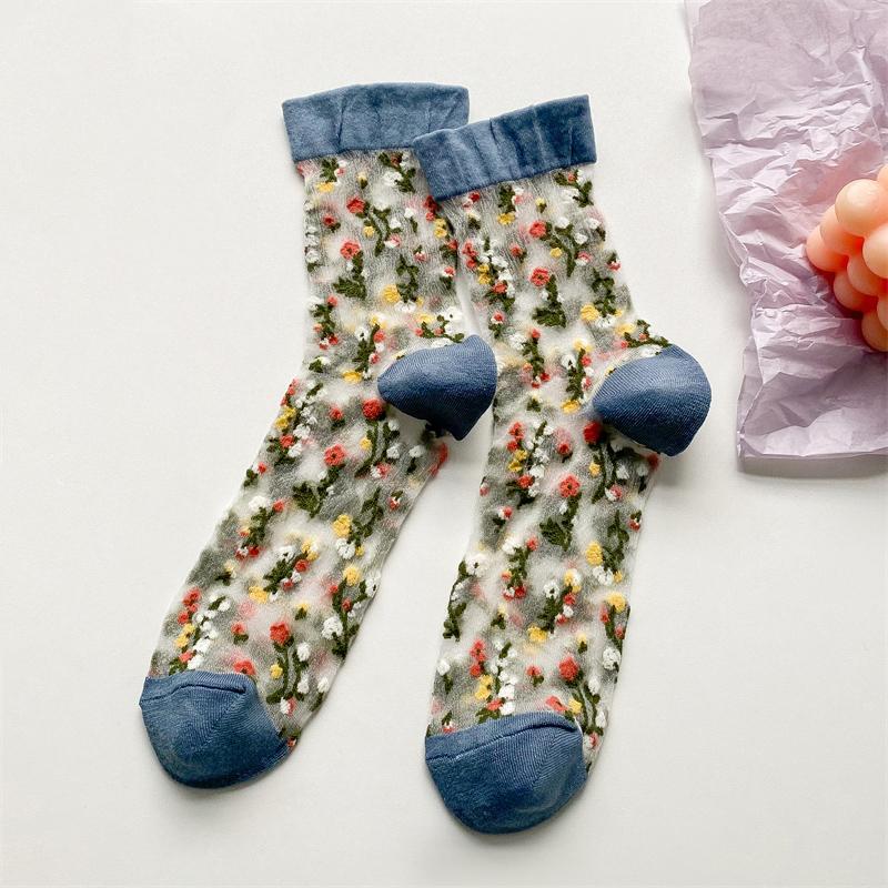 

Женские носки тонкие летние новые цветные модные женские прозрачные носки дышащие корейские носки с цветочным принтом для девочек современные синий