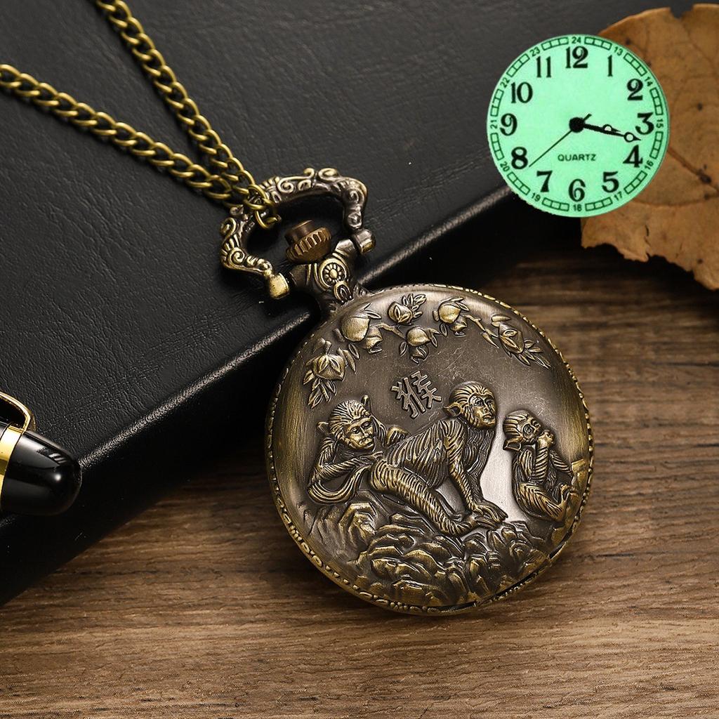 Taschenuhr Hollow Retro Flip 12 Tierkreis Groß Kreativ Studentenuhr Großes Zifferblatt Leuchtend Huai
