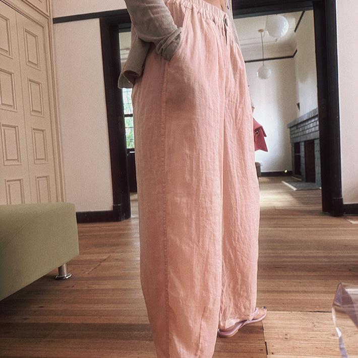 

Летнее поступление 2024: Женские длинные брюки широкого кроя из тюля и льна цвета креветки One Size